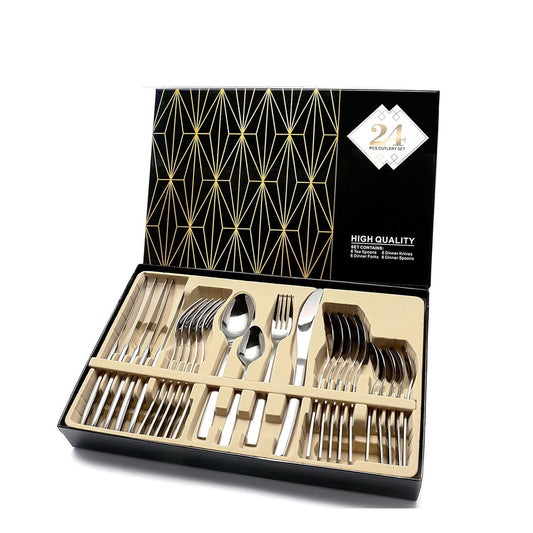 24PCS Stainless Steel Flatware Set – Cutlery Dinnerware Set with Spoons & Knives, Gift Box Included