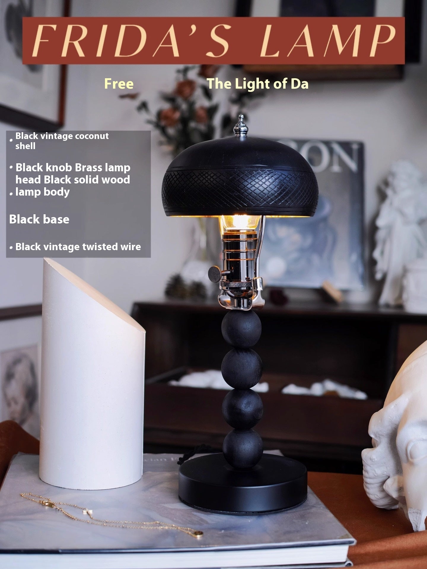 Black Vintage Coconut Shell Table Lamp – Industrial Bedside Light for Bedroom & Cafe