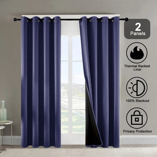Polyester Thermal Insulated Blackout Curtains with Grommets 52x84 Set of 2 Coated Lining 3 Colors