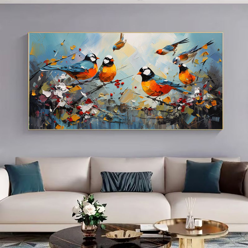Hand Painted Kawaii Bird Oil Painting on Canvas Modern Abstract Magpie Wall Art for Living Room Home Decor