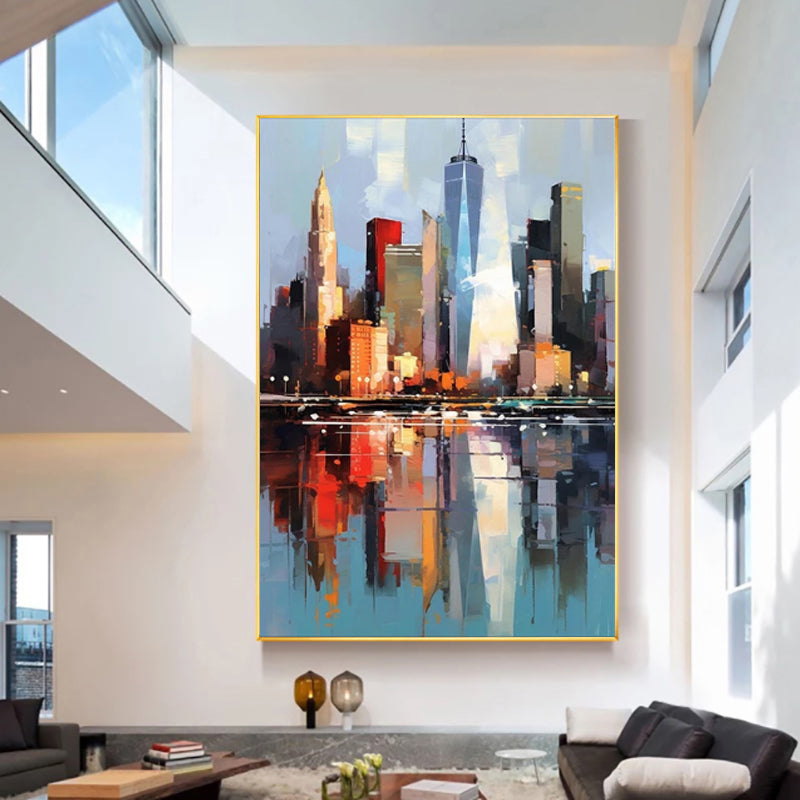 Handmade Abstract New York City Urban Architecture Oil Painting on Canvas Wall Art for Living Room Home Decor Frameless Unstretched