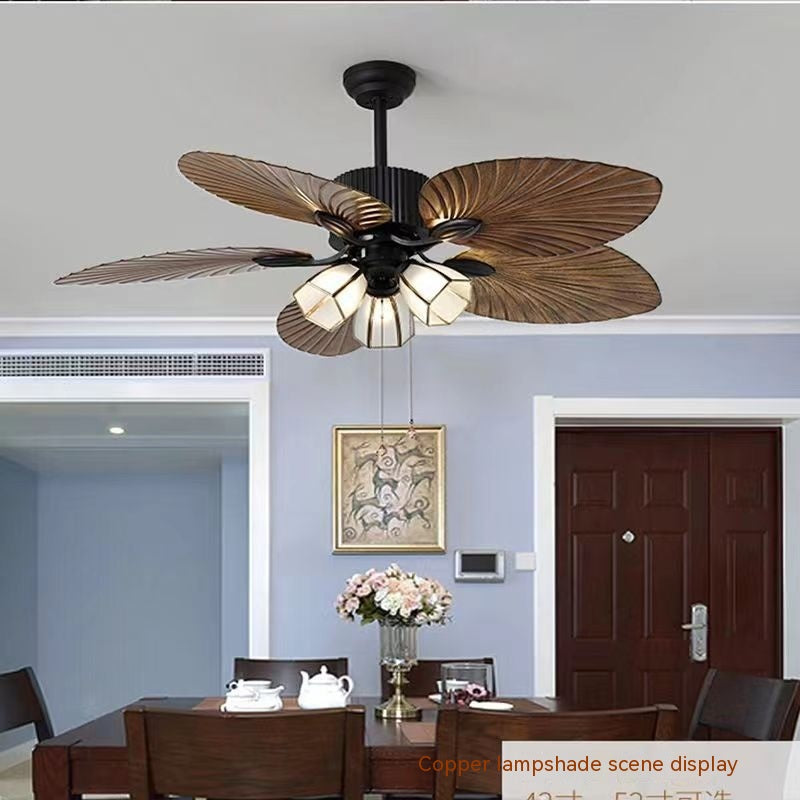 Retro Ceiling Fan Light Southeast Asia Style Frequency Conversion Silent Home Living Room Dining Room Ceiling Lamp