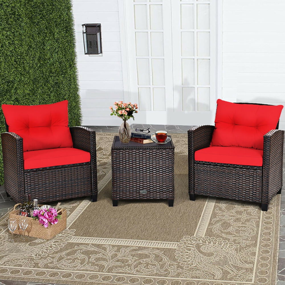 3 Pieces Rattan Patio Furniture Set with Washable Cushions Outdoor Garden Sofa Table Seating Set
