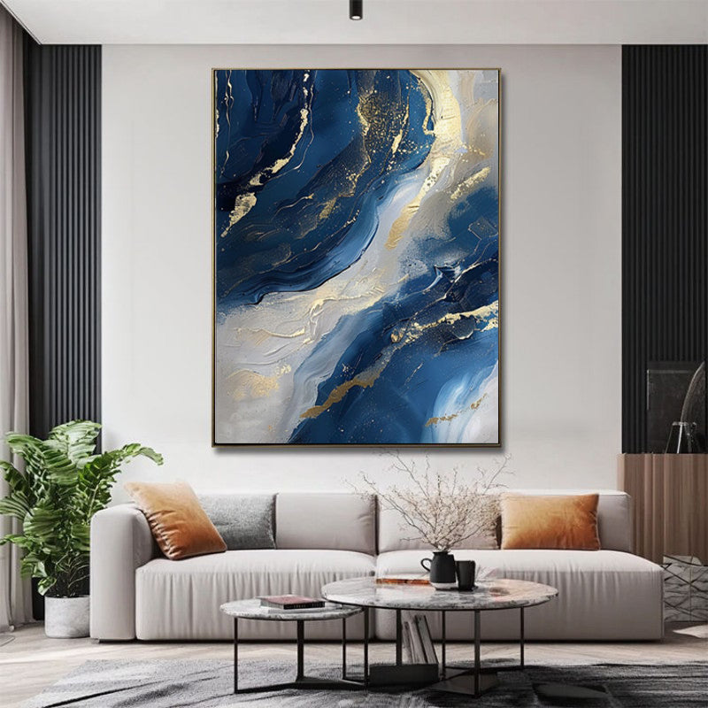 Luxury Handmade Abstract Oil Painting on Canvas Modern Golden Blue Minimalist Texture Wall Art for Living Room Decor Frameless
