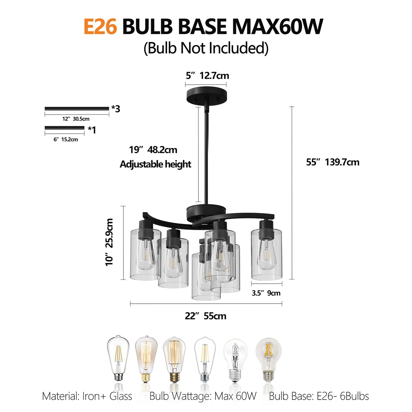 6-Light Modern Farmhouse Black Chandelier – Industrial Glass Pendant Light for Kitchen & Dining Room