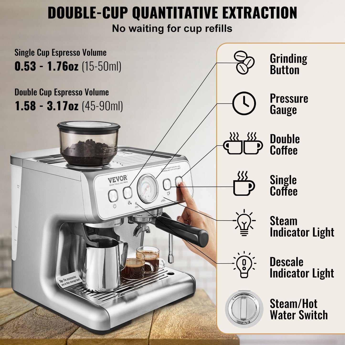 15 Bar Semi Automatic Espresso Machine with Grinder Milk Frother Steam Wand Pressure Gauge Removable Water Tank PID Control for Cappuccino Latte Macchiato