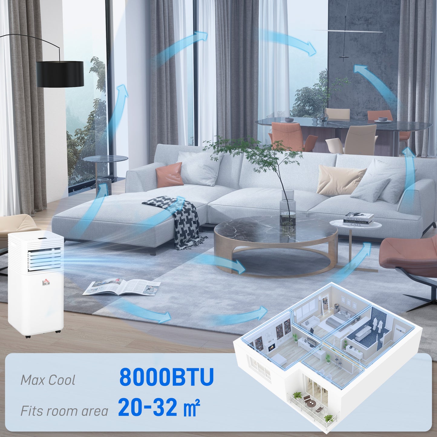 8000 BTU Portable Air Conditioner with Remote Control Cooling & Dehumidifying 24H Timer LED Display White