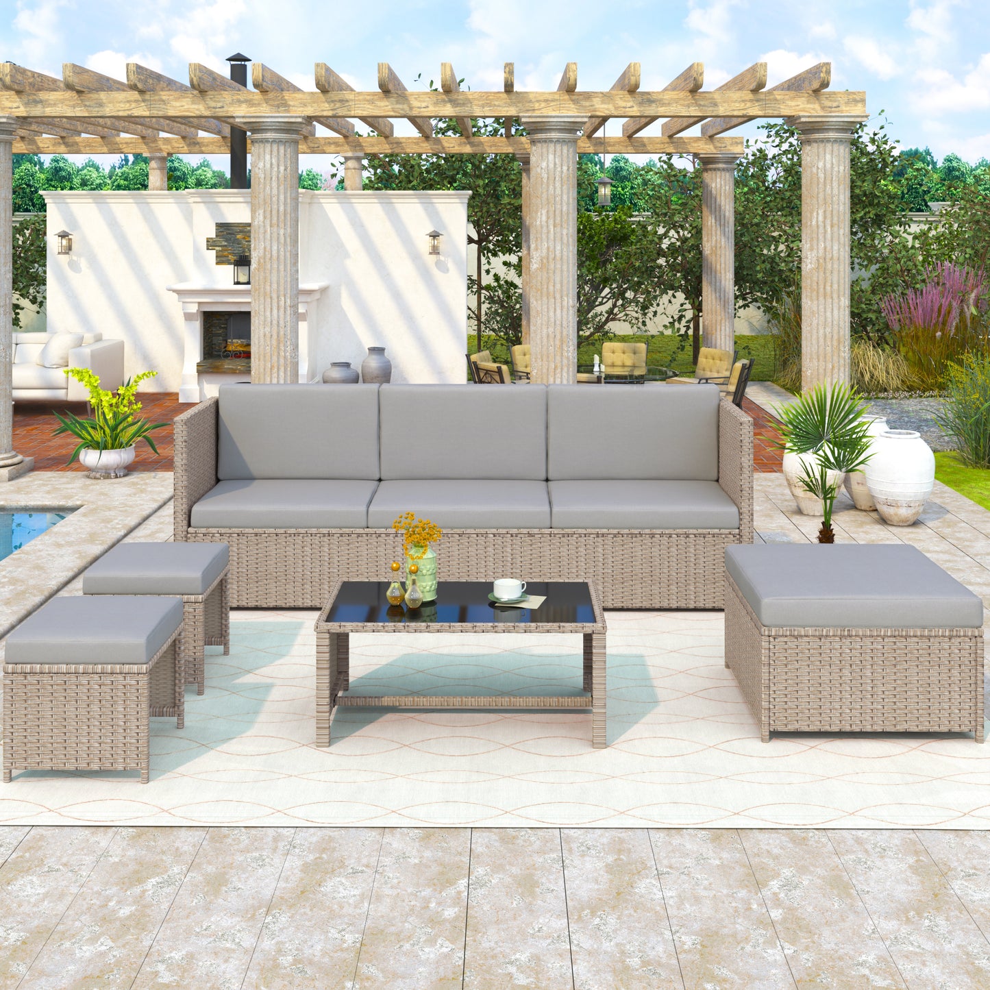 4-6 Seater Garden Lounge Set Rattan Patio Furniture Sofa Seating Group Outdoor Khaki
