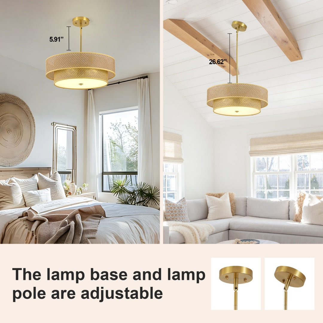 17.7 Inch Woven Rattan Linen Semi Flush Ceiling Light Fixture Farmhouse Pendant Lamp for Bedroom Kitchen Dining Living Room Corridor