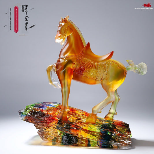 Lustrous Glazed Imperial Horse Figurine Red Flower Hawk Motif Decorative Ceramic Statue Home Decor
