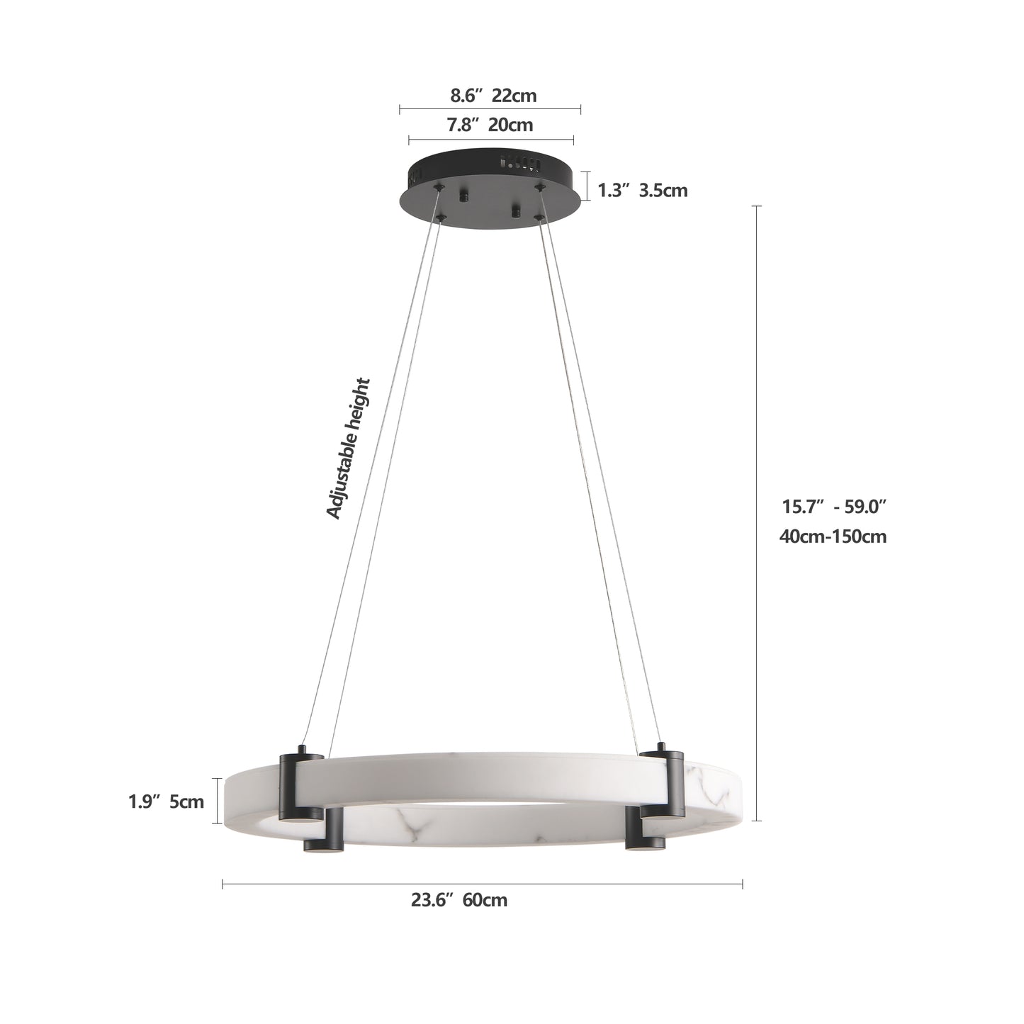 24-Inch Modern LED Pendant Chandelier – Adjustable Height Marble Finish Ceiling Light for Dining, Kitchen & Living Room