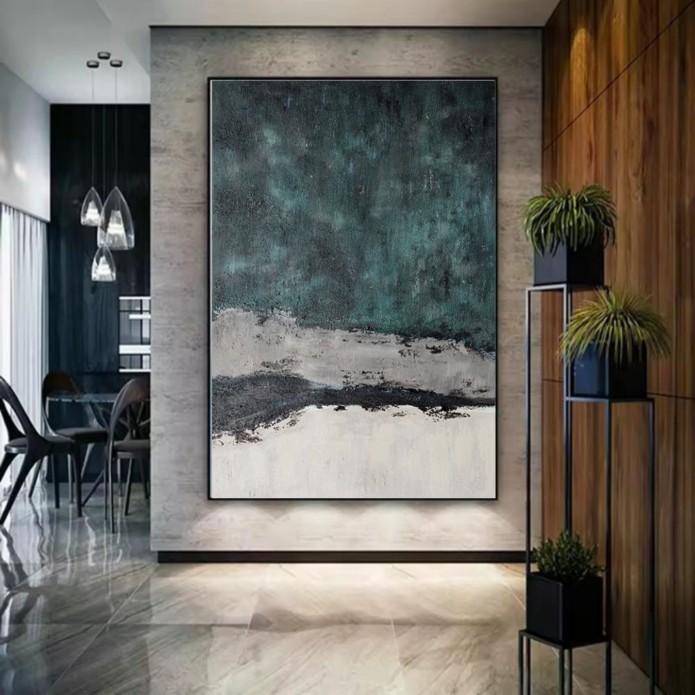 Large Handmade Abstract Painting – Retro Green Wabi-Sabi Texture Wall Art for Living Room Decor