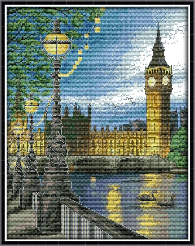 London Bell Tower Night View Cross Stitch Kit – DIY Cityscape Embroidery Art Set