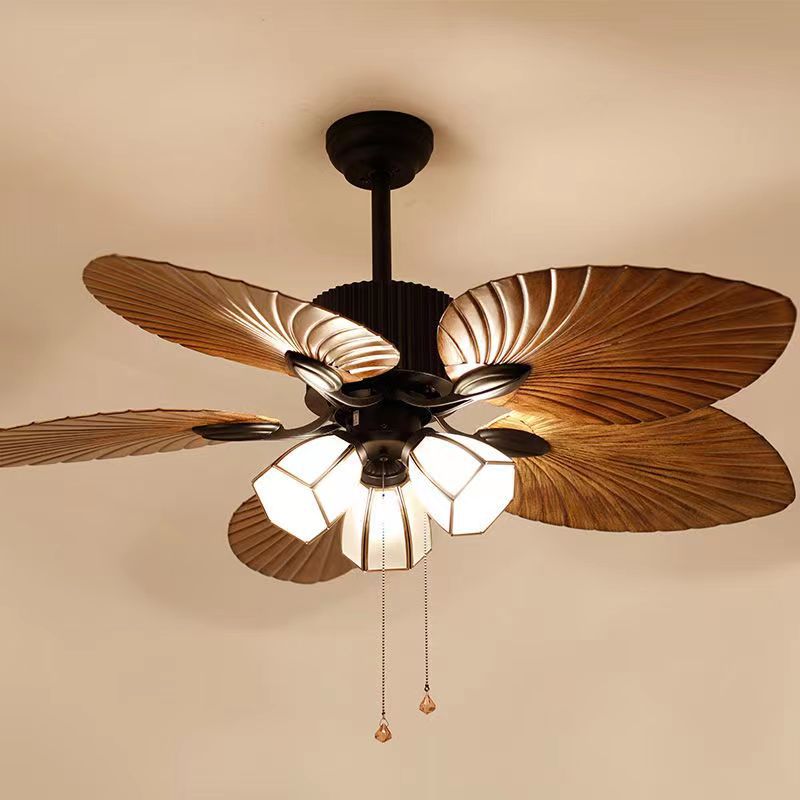 Retro Ceiling Fan Light Southeast Asia Style Frequency Conversion Silent Home Living Room Dining Room Ceiling Lamp