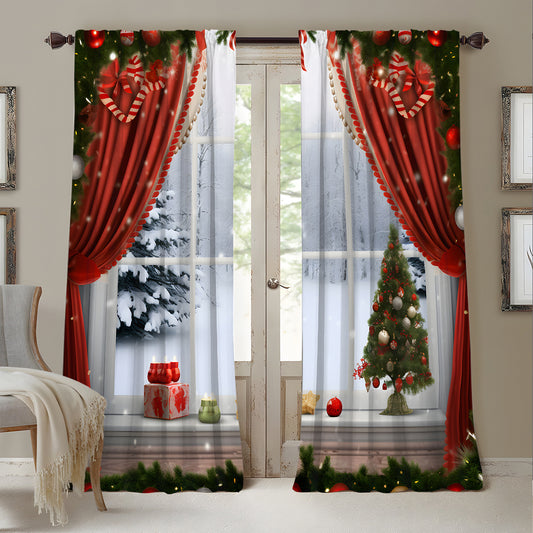 2PCs Christmas Curtains 3D Digital Printing Flower Window Drapes Festive Home Decoration