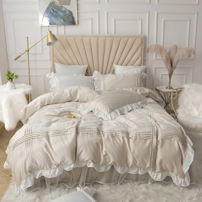 Lace Bed Skirt Quilt Cover 4 Piece Bedding Set Korean Princess Style Girl Heart Design Home Textile Set