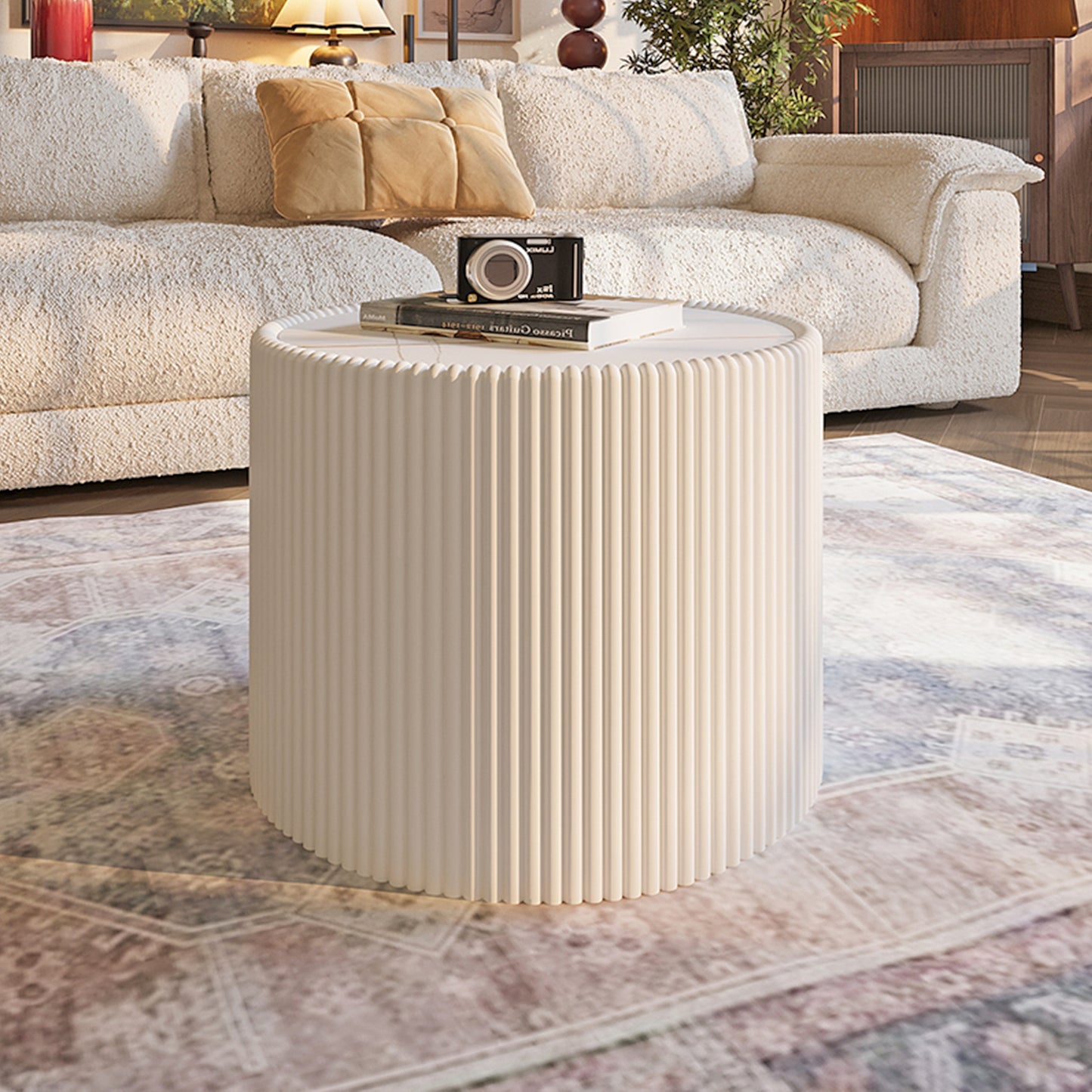 Modern Cylinder Leather Coffee Table with Sintered Stone Top Unique Gold Pattern Living Room Sofa Table Furniture
