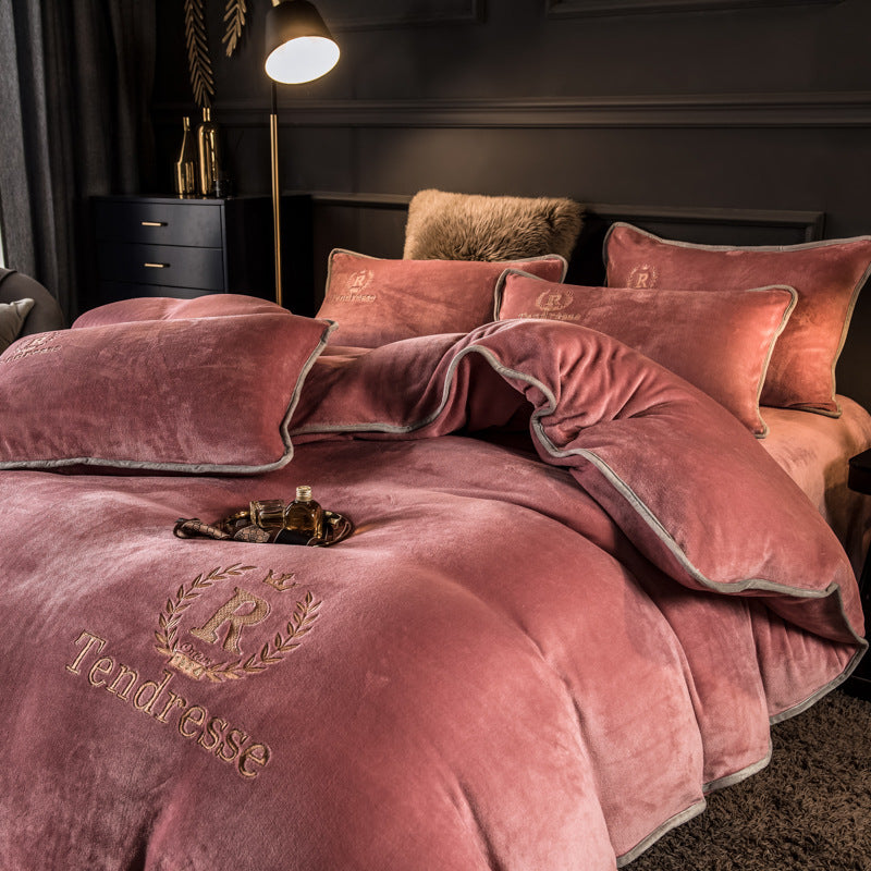 Autumn Winter Thick Fleece Bedding Set Pure Embroidery 4 Piece Quilt Cover Bed Sheet Set Warm Home Textile