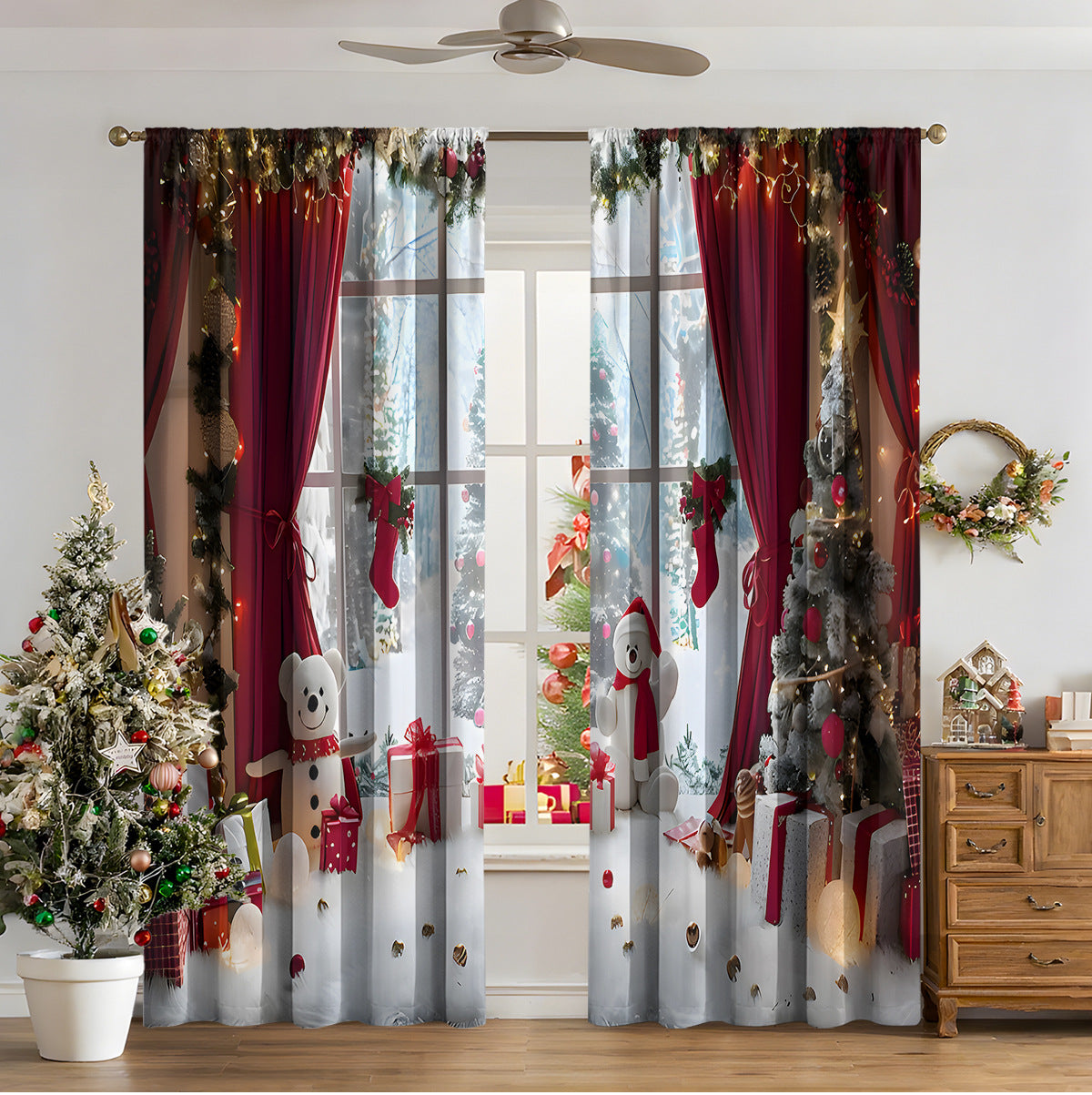 3D Digital Printed Christmas Curtains – Festive Holiday Window Drapes for Home Decor