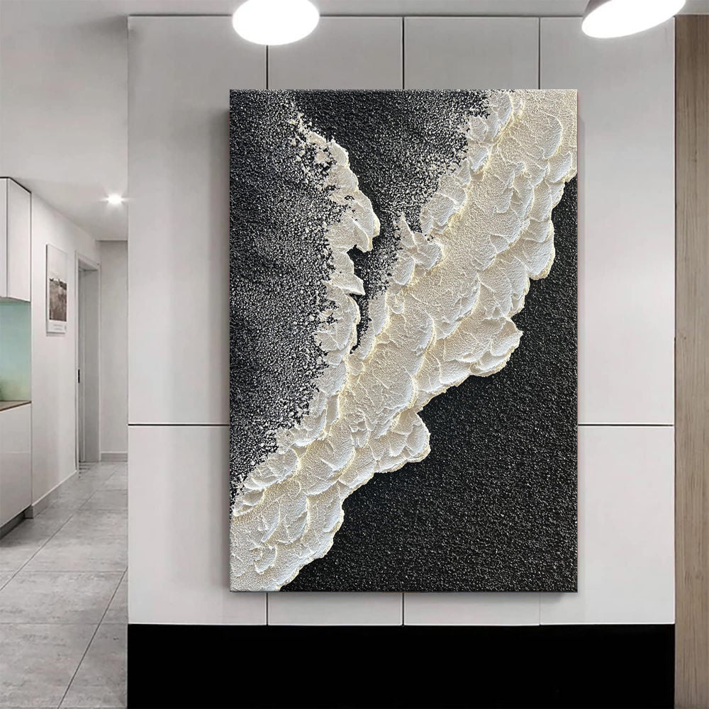 3D Texture Sea Wave Abstract Landscape Oil Painting Black White Canvas Wall Art Living Room Decor