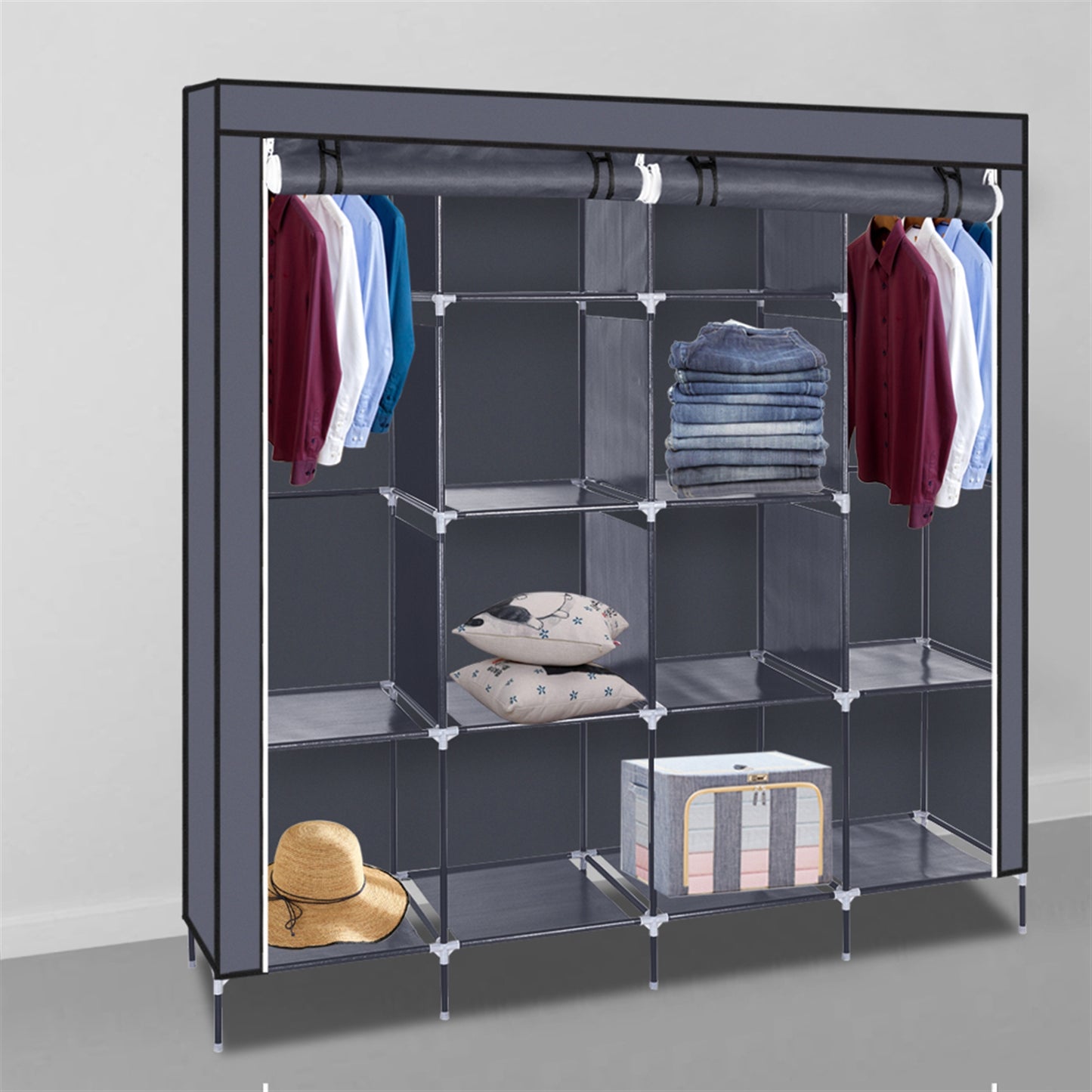 67 Inch Portable Wardrobe Closet Clothes Storage Rack with 12 Shelves and 4 Side Pockets Gray Organizer for Bedroom