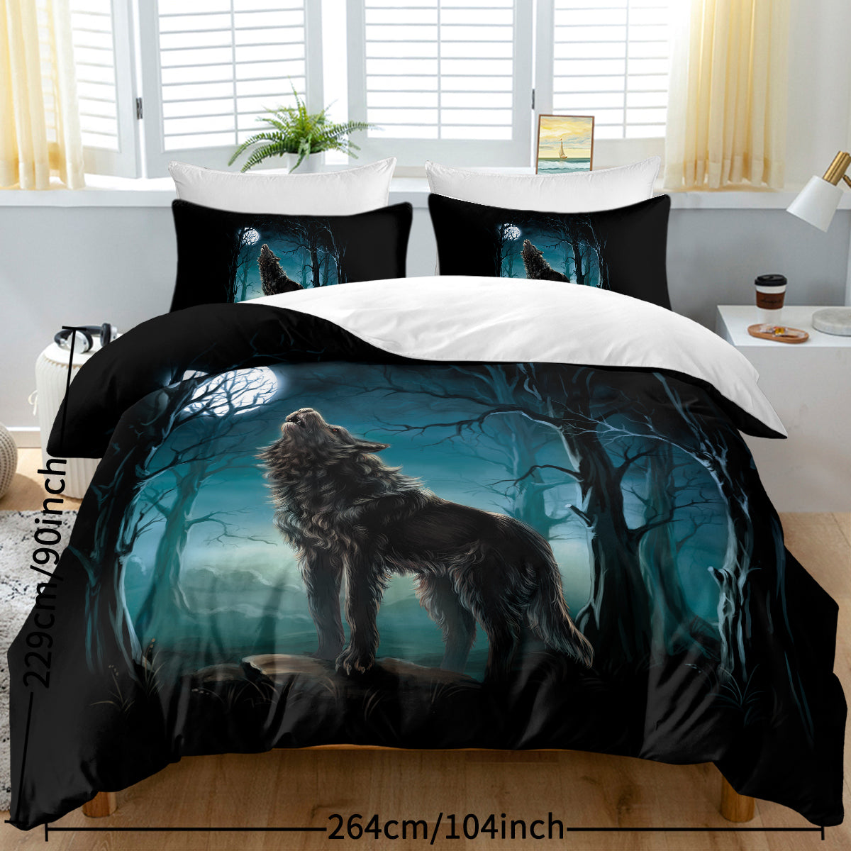 Moon Wolf Bedding Set Green Watercolor Forest Duvet Cover 3 Piece Wild Animal Bed Set Twin Full Queen King