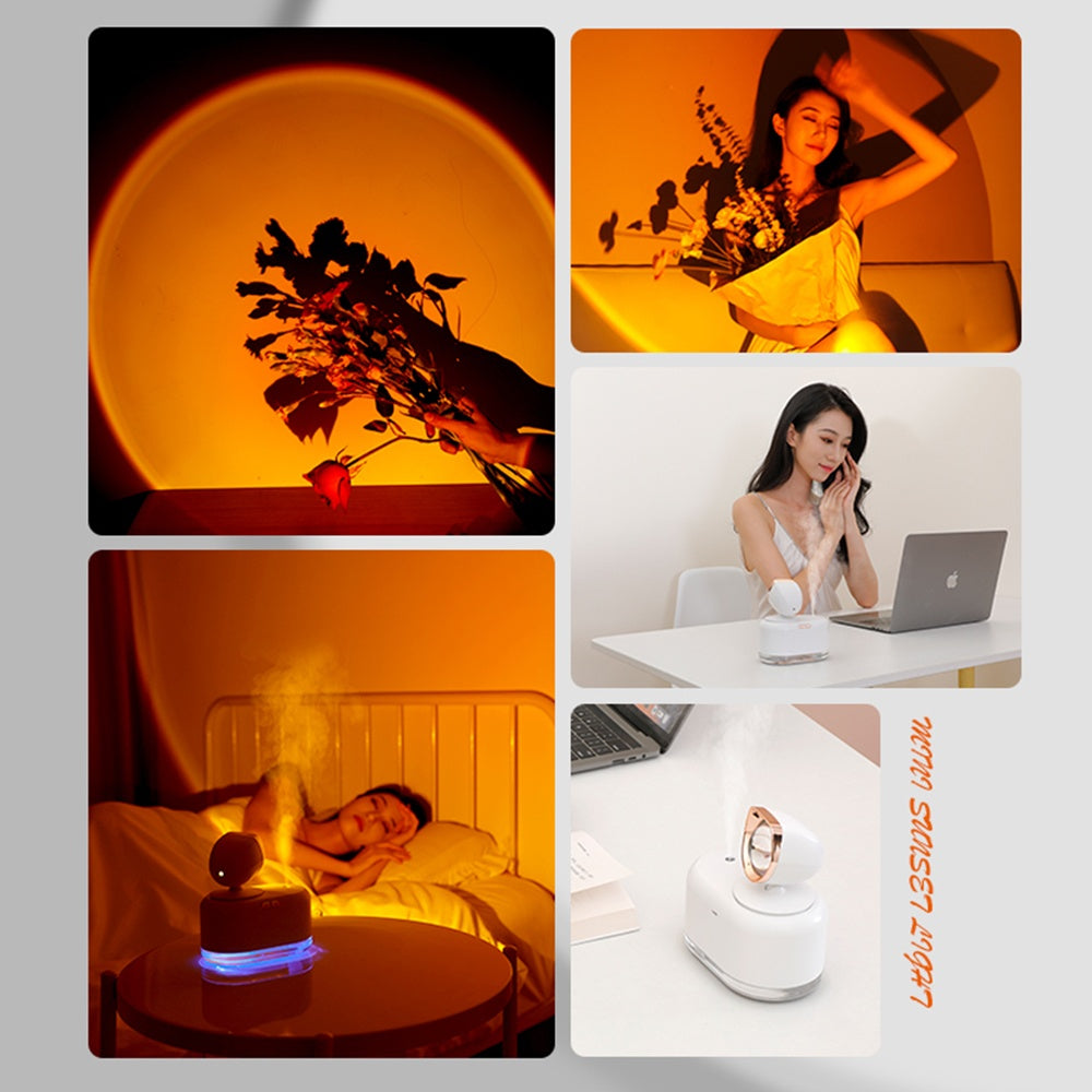 2 in 1 Mini Wireless Sunset Lamp Air Humidifier 300ML Fog Sprayer Ambient Light Mist Maker for Home Office Decor