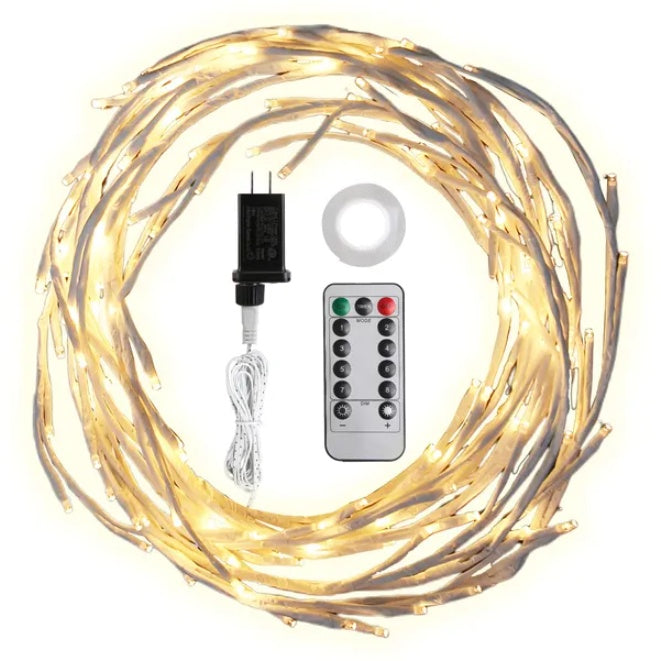 Birch Flower Wreath with LED String Lights – Timer & 8 Modes, IP45 Waterproof Decorative Garland