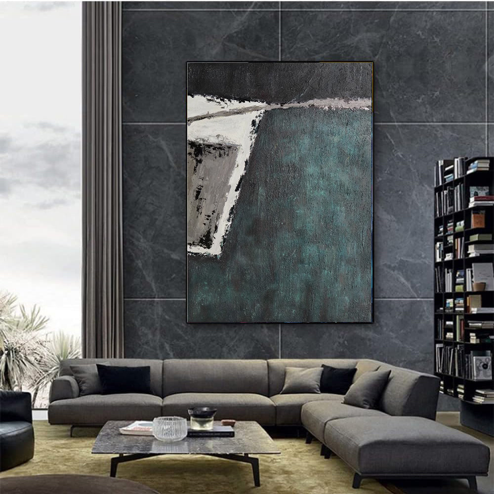 Large Handmade Abstract Painting – Retro Green Wabi-Sabi Texture Wall Art for Living Room Decor