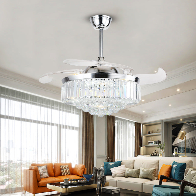Crystal Ceiling Fan Light European Invisible LED Fan Chandelier All Copper Living Room Bedroom Dining Room Luxury Lamp
