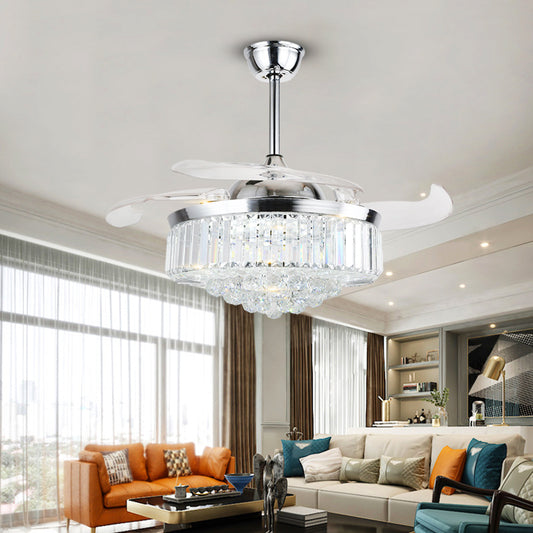 Crystal Ceiling Fan Light European Invisible LED Fan Chandelier All Copper Living Room Bedroom Dining Room Luxury Lamp