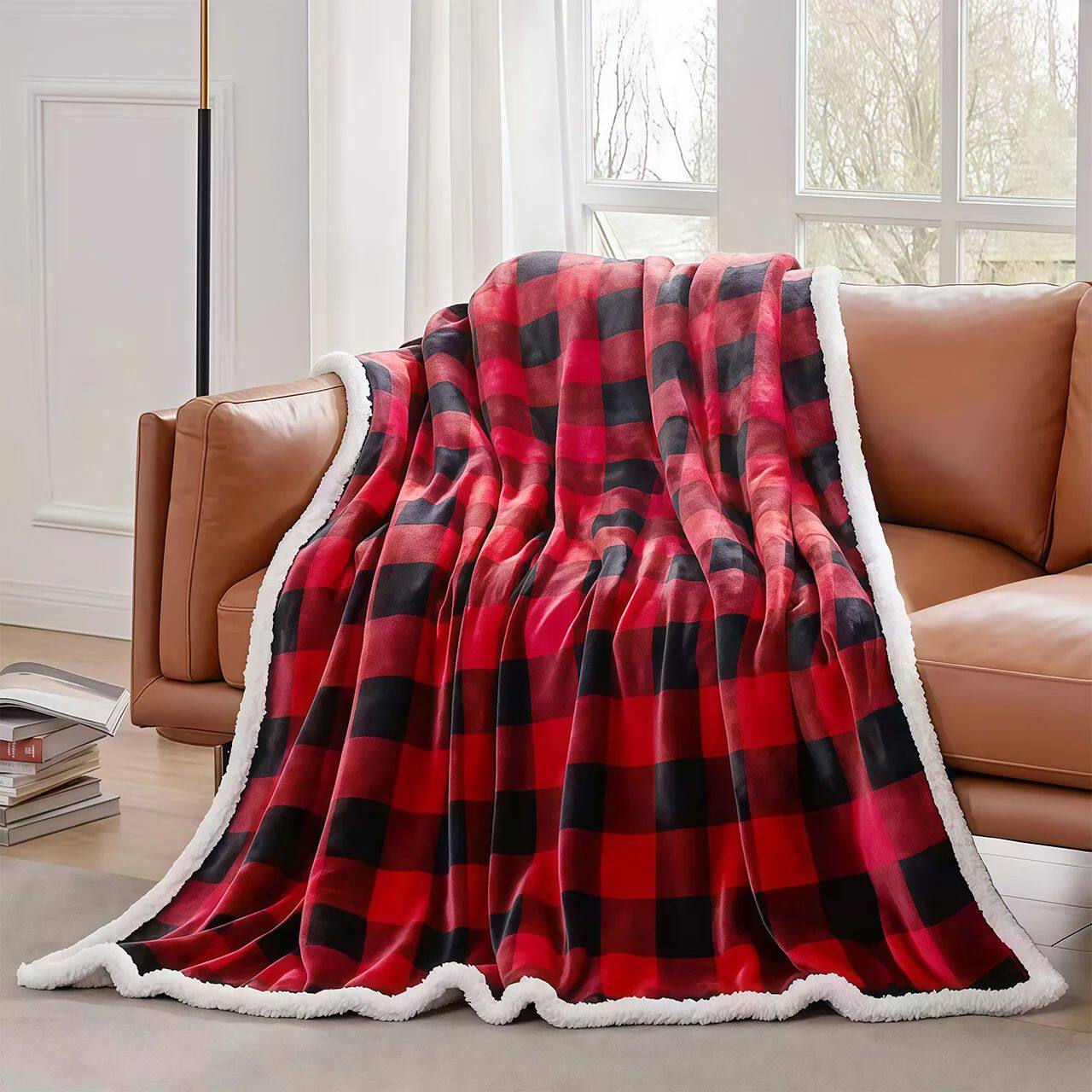 Cozy Sherpa Fleece Buffalo Plaid Blanket Soft Warm Throw Blanket for Sofa Bed Winter Home Decor
