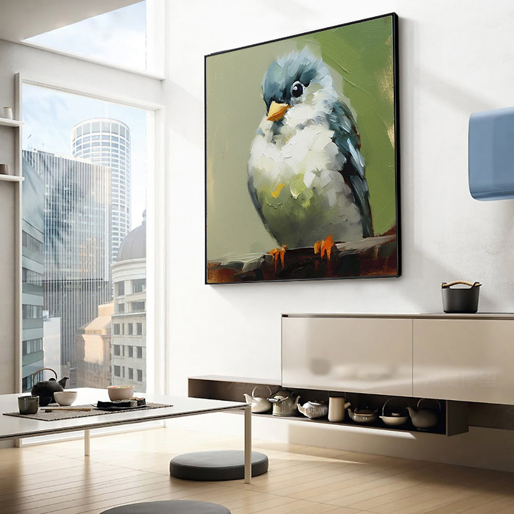 Hand Painted Kawaii Bird Oil Painting – Modern Animal Canvas Wall Art for Living Room & Kids Room Decor