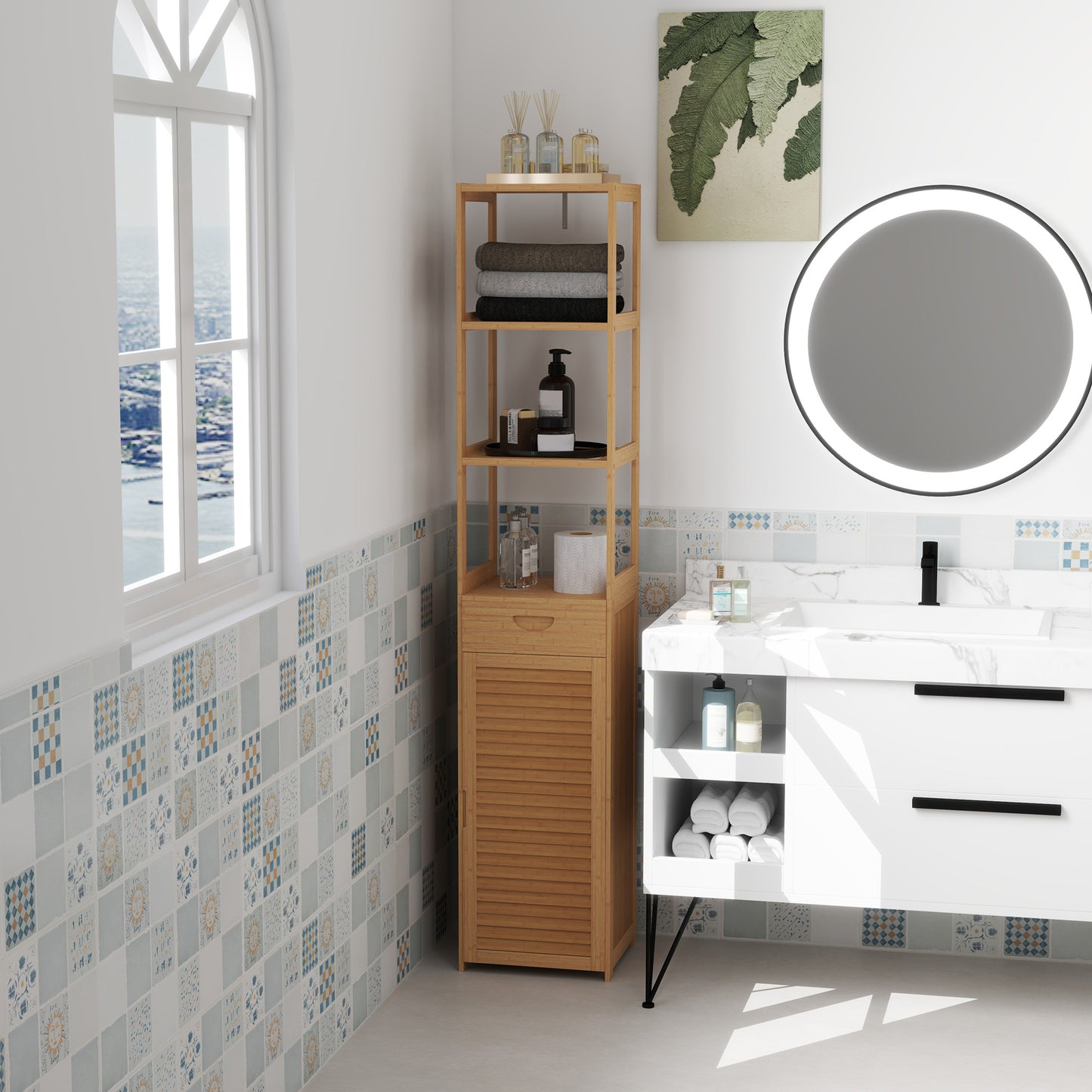Bathroom Storage Cabinet with Drawer – Slatted Shelves Floor Standing Organizer Unit