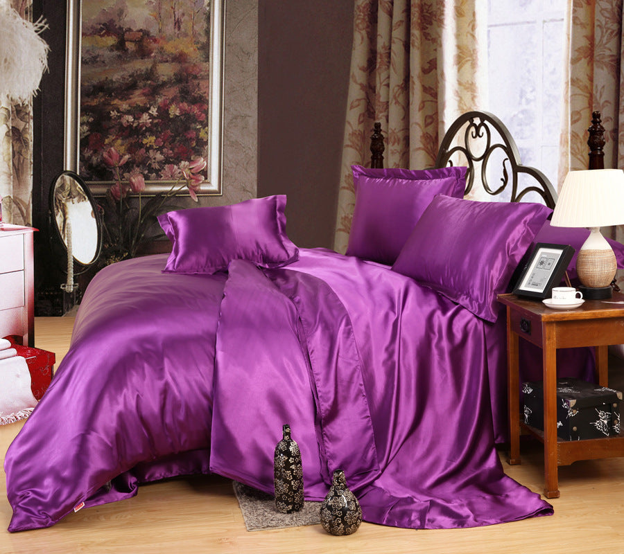 Artificial Silk Double Sided Satin Quilt Cover Bed Sheet 4 Piece Set Luxury Soft Bedding Set