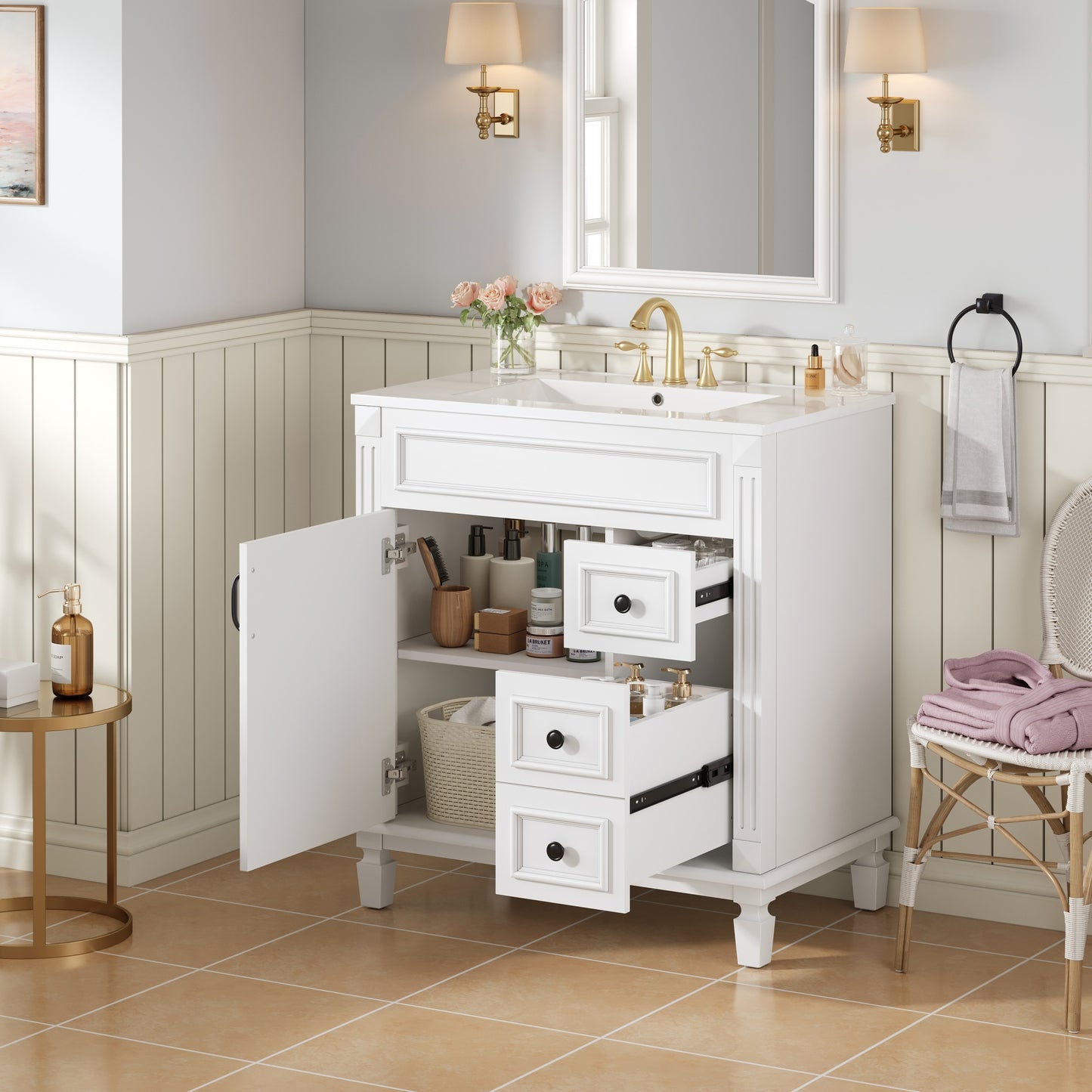30 Inch Bathroom Vanity with Ceramic Sink Modern Small Bathroom Cabinet with 2 Drawers and Adjustable Shelf