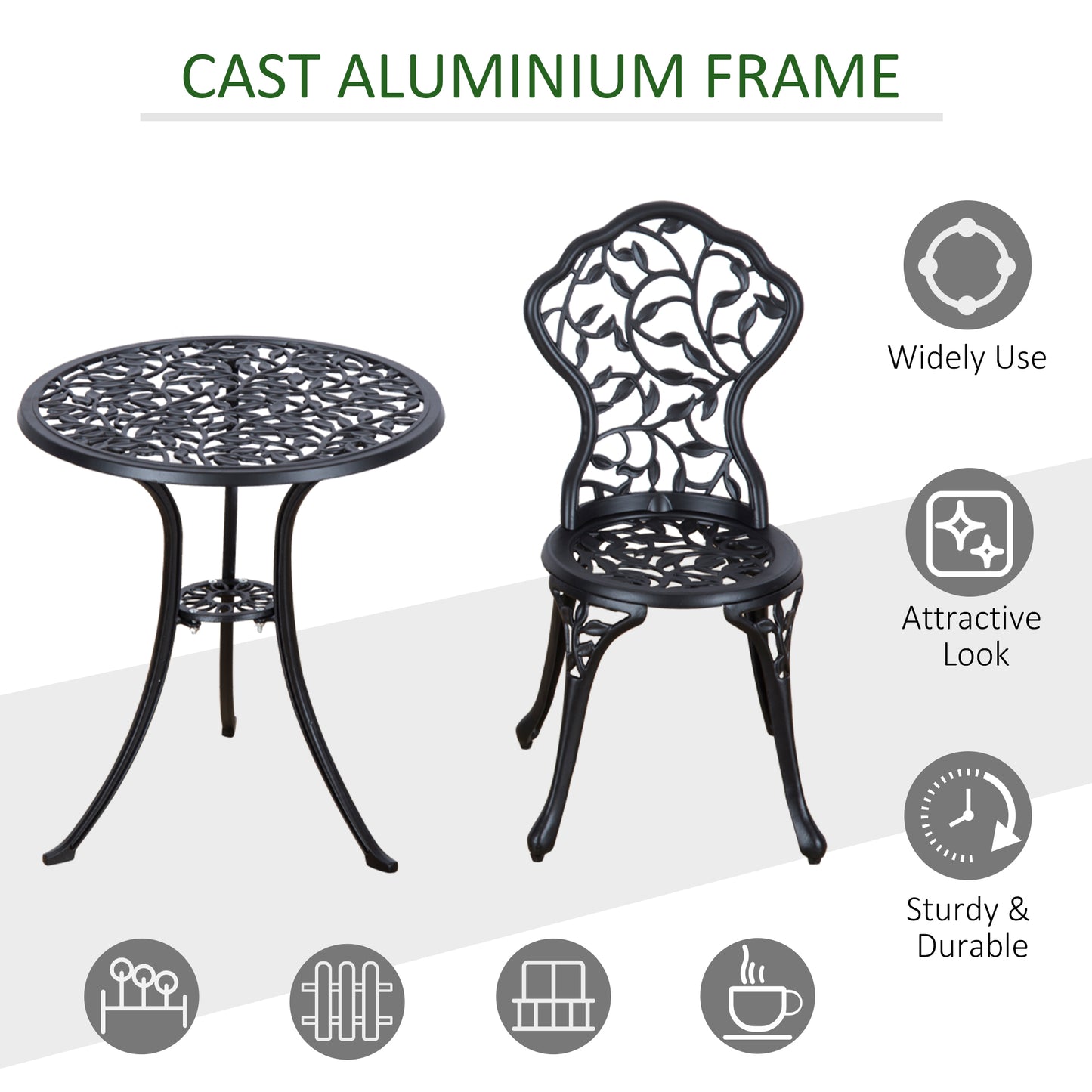 3 Piece Aluminium Bistro Set Garden Furniture Dining Table and Chairs Antique Outdoor Patio Seating Set Black