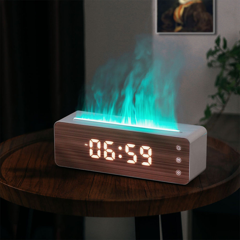 Flame Humidifier Aromatherapy Machine with Clock Display Desktop LED Mist Diffuser for Bedroom Home Relaxation
