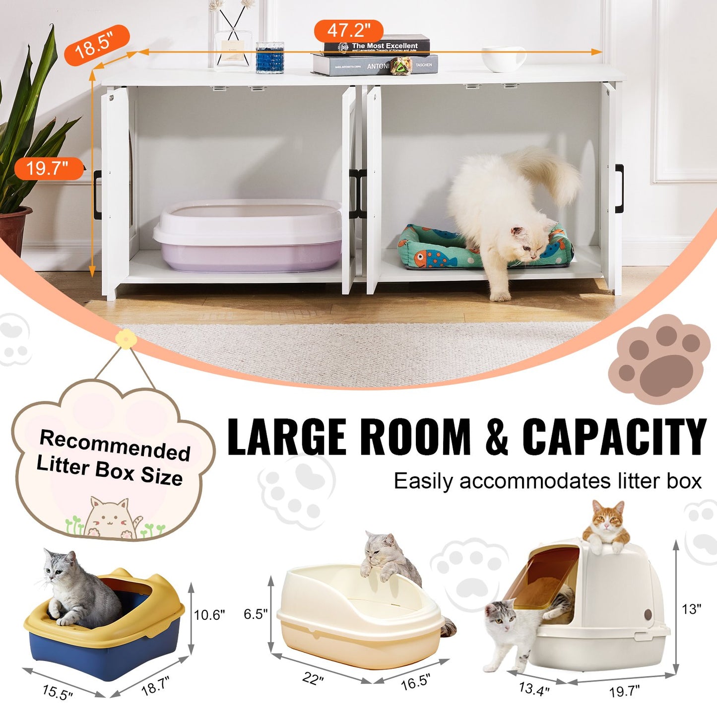 Wooden Cat Litter Box Enclosure Furniture Hidden 2-Room Cat House Cabinet White Pet Storage Cabinet