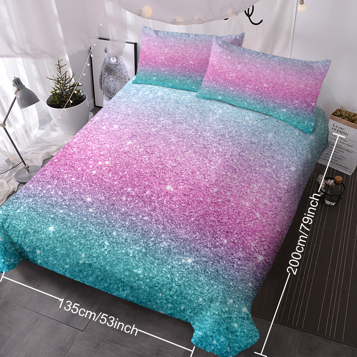 Girly Rainbow Glitter Ombre Duvet Cover Bedding Set 3 Pcs Pastel Purple Blue Green Bedspread with 2 Pillow Shams