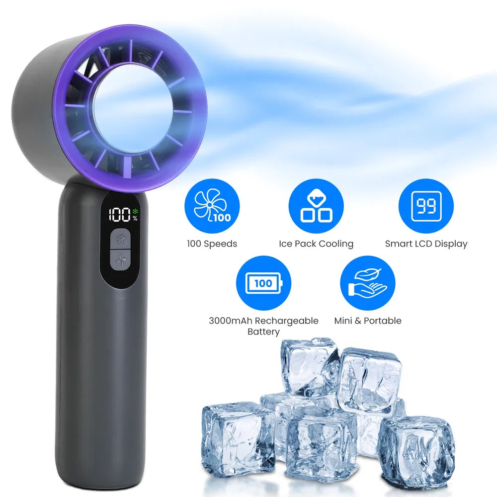 100-Speed Handheld Turbo Fan with Ice Cooling High Speed 3000mAh Rechargeable Fan with LCD Display for Travel Camping Outdoor Use