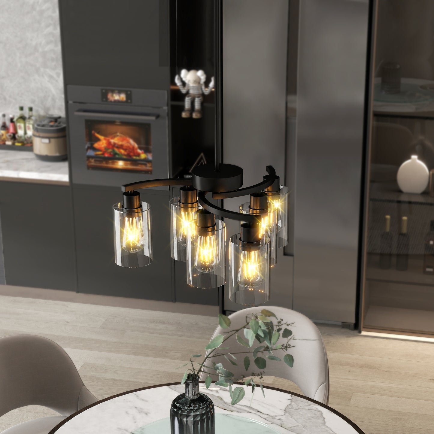 6-Light Modern Farmhouse Black Chandelier – Industrial Glass Pendant Light for Kitchen & Dining Room