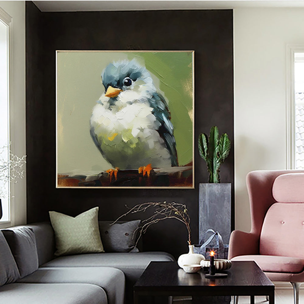 Hand Painted Kawaii Bird Oil Painting – Modern Animal Canvas Wall Art for Living Room & Kids Room Decor