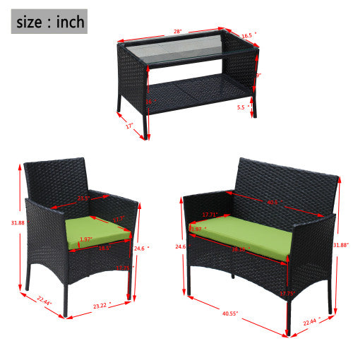 4 Piece Rattan Patio Furniture Set Outdoor Wicker Sofa with Cushioned Seats Green Cushion Garden Outdoor Seating Set