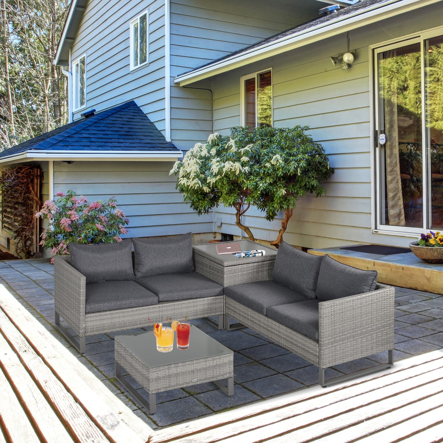 4 Piece Rattan Garden Furniture Set 4 Seater Sofa with Storage Box Glass Top Table Wicker Outdoor Patio Furniture Grey