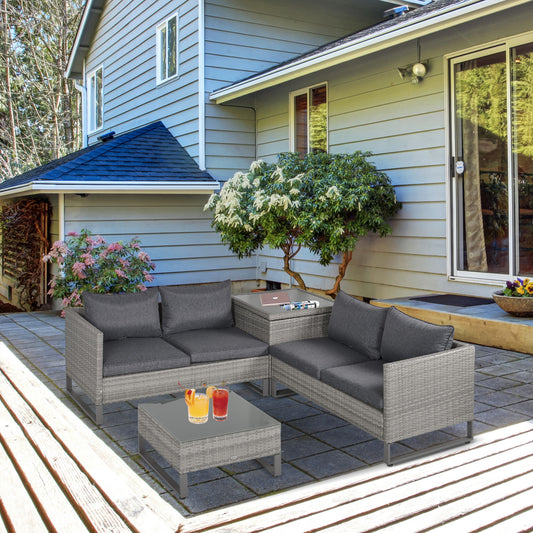 4 Piece Rattan Garden Furniture Set 4 Seater Sofa with Storage Box Glass Top Table Wicker Outdoor Patio Furniture Grey