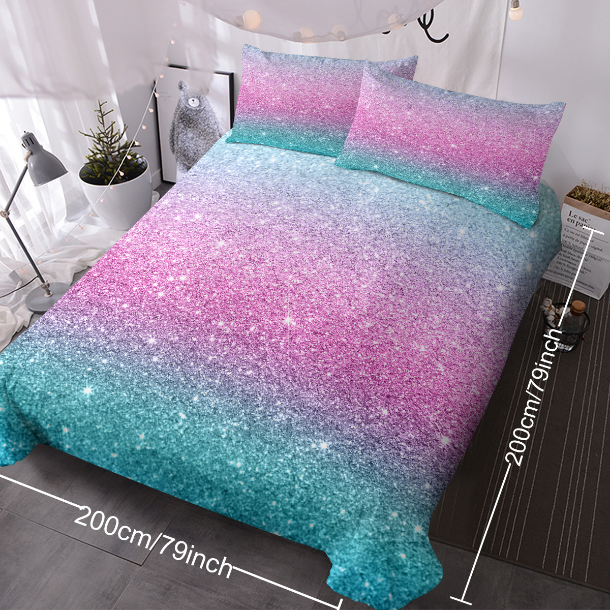 Girly Rainbow Glitter Ombre Duvet Cover Bedding Set 3 Pcs Pastel Purple Blue Green Bedspread with 2 Pillow Shams