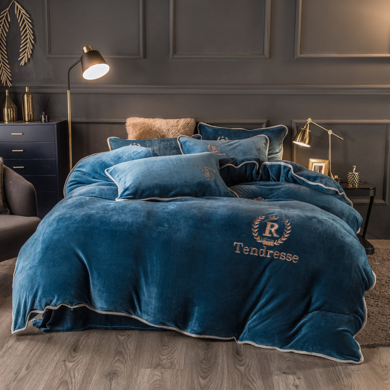 Autumn Winter Thick Fleece Bedding Set Pure Embroidery 4 Piece Quilt Cover Bed Sheet Set Warm Home Textile