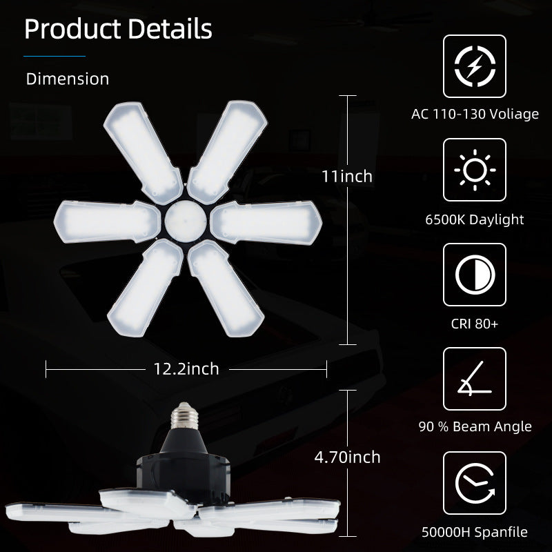 LED Garage Deformable 6-Leaf Light – Foldable Industrial Ceiling Lamp