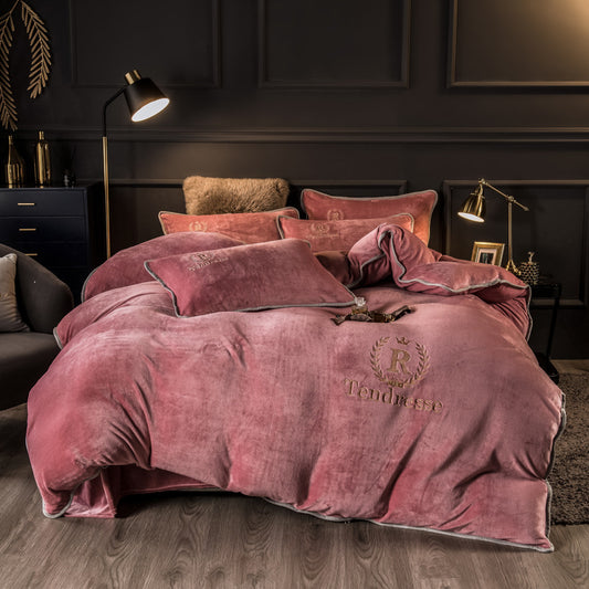 Autumn Winter Thick Fleece Bedding Set Pure Embroidery 4 Piece Quilt Cover Bed Sheet Set Warm Home Textile